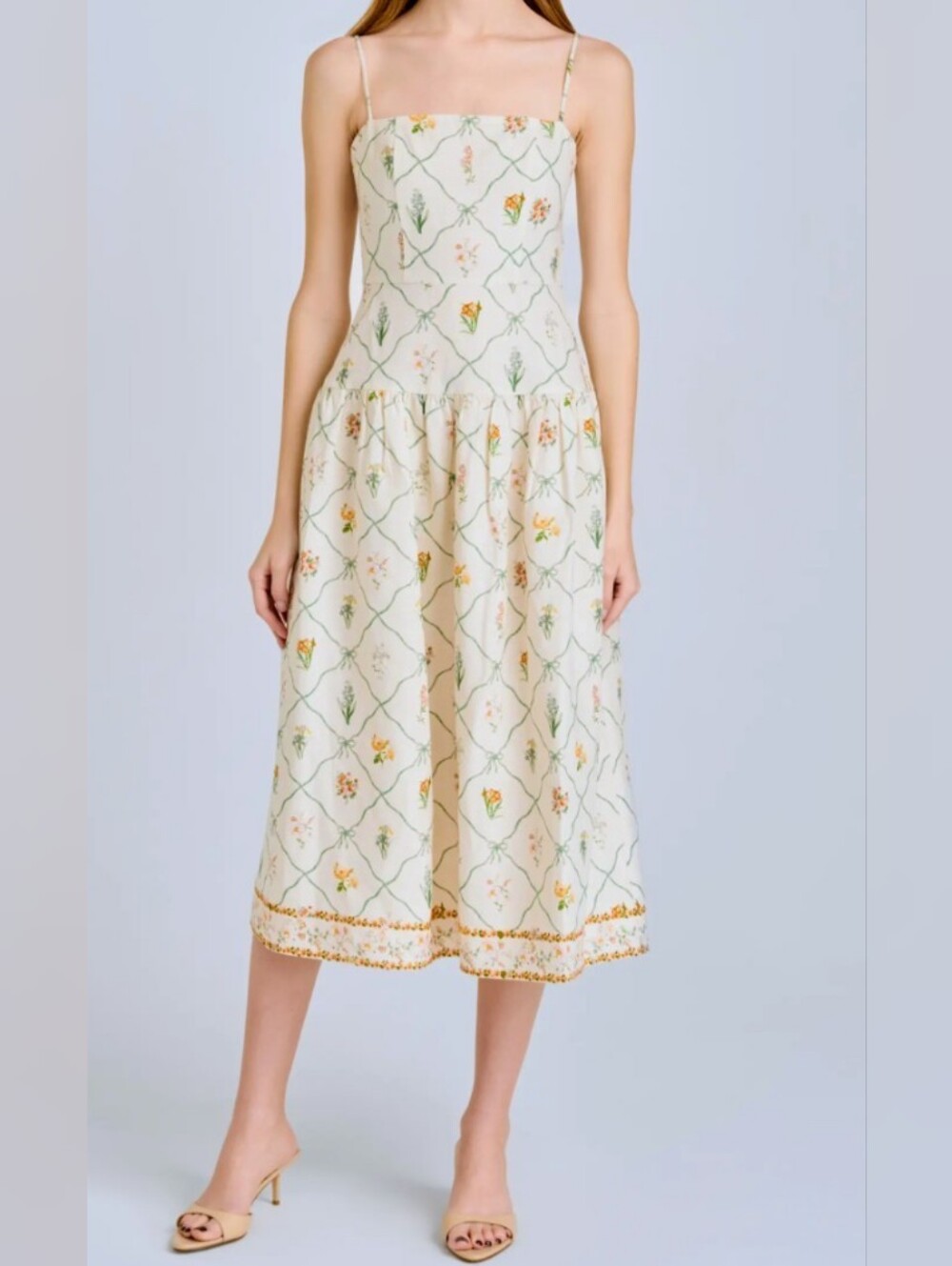 NEW WAYF Floral Trellis Bow Linen Blend Midi Maxi Dress Cottagecore Romantic S